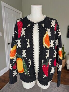 UOOYAA Women's Fruit Print Cardigan Pearl Trim Open Sweater Cottagecore M